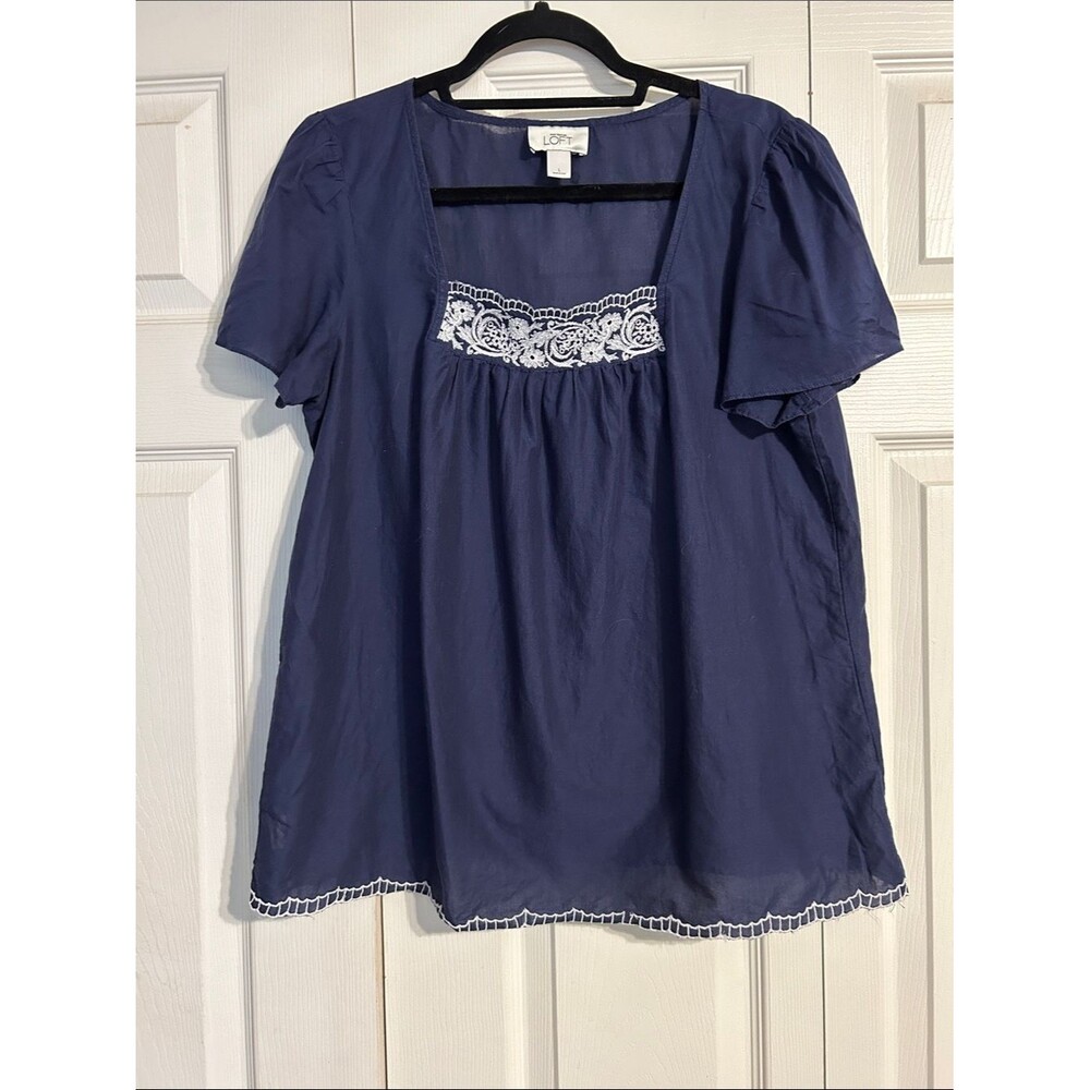 Ann Taylor Loft Navy Blouse White Lace Accent Large Coastal Preppy Semi Sheer